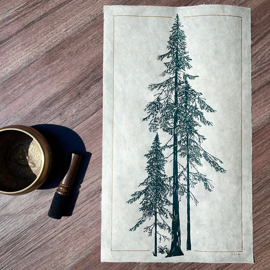 Douglasie Linoldruck in grün | handgemachter Druck | besondere Geschenkidee | geschöpftes Himalaya-Papier | Natur Wald | kostenloser Versand