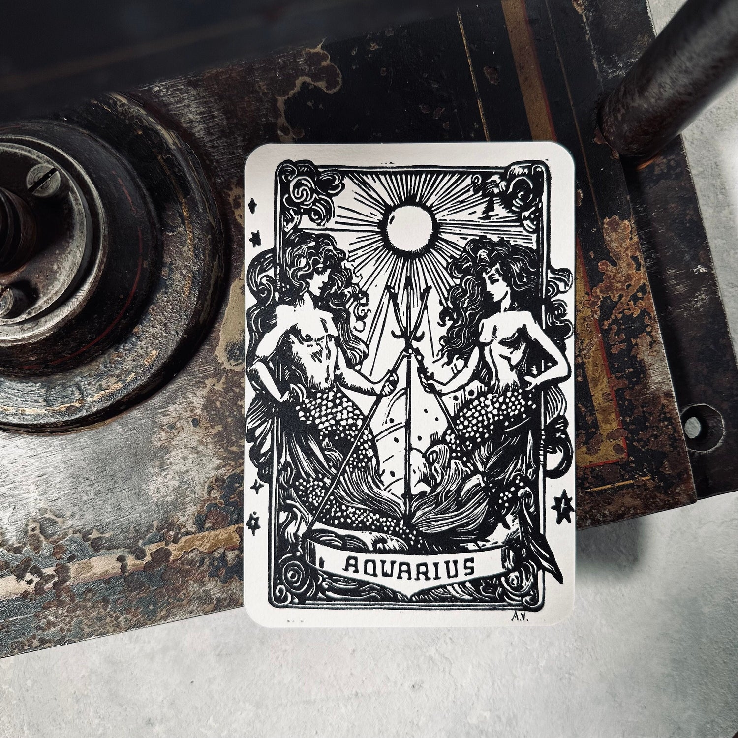 Sternzeichen Wassermann Linoldruck