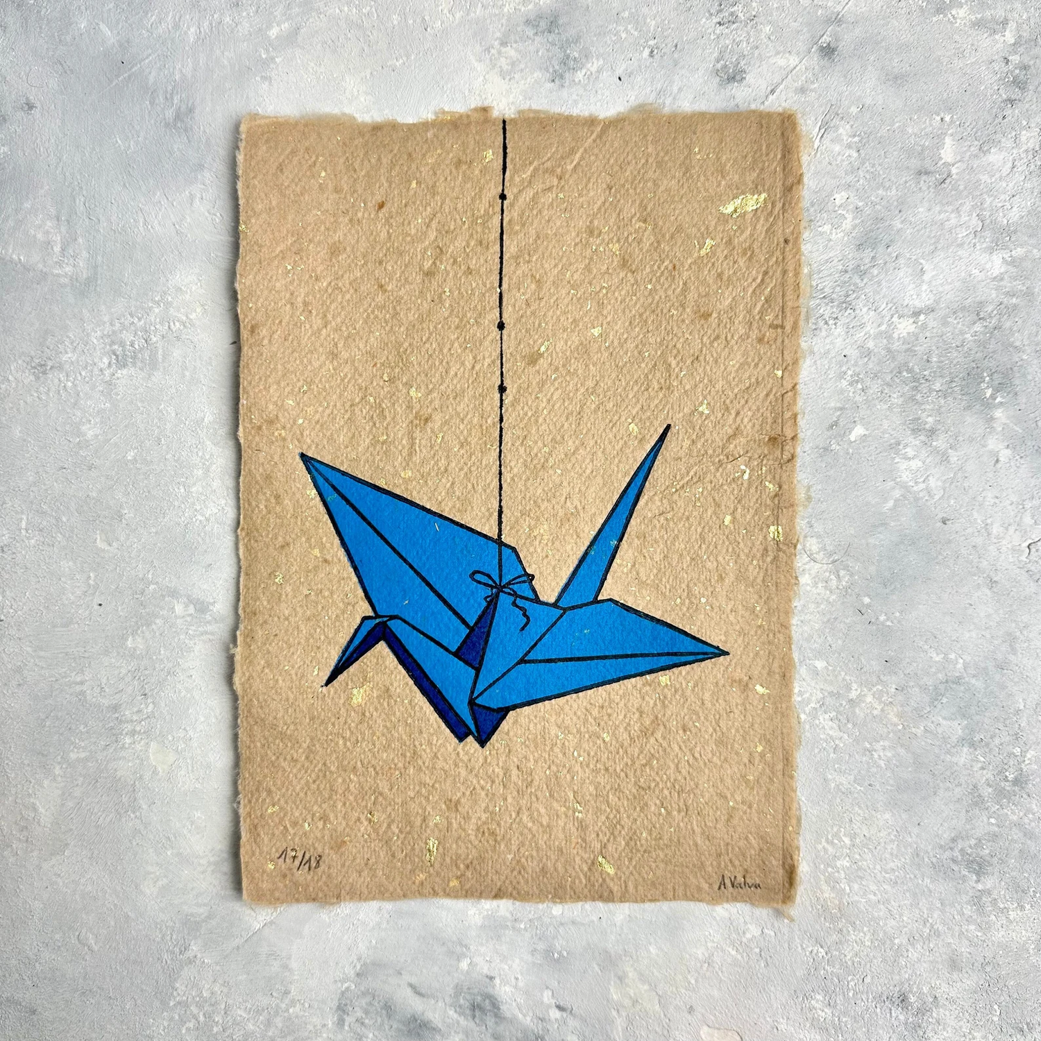 Linoldruck Origami Kranich