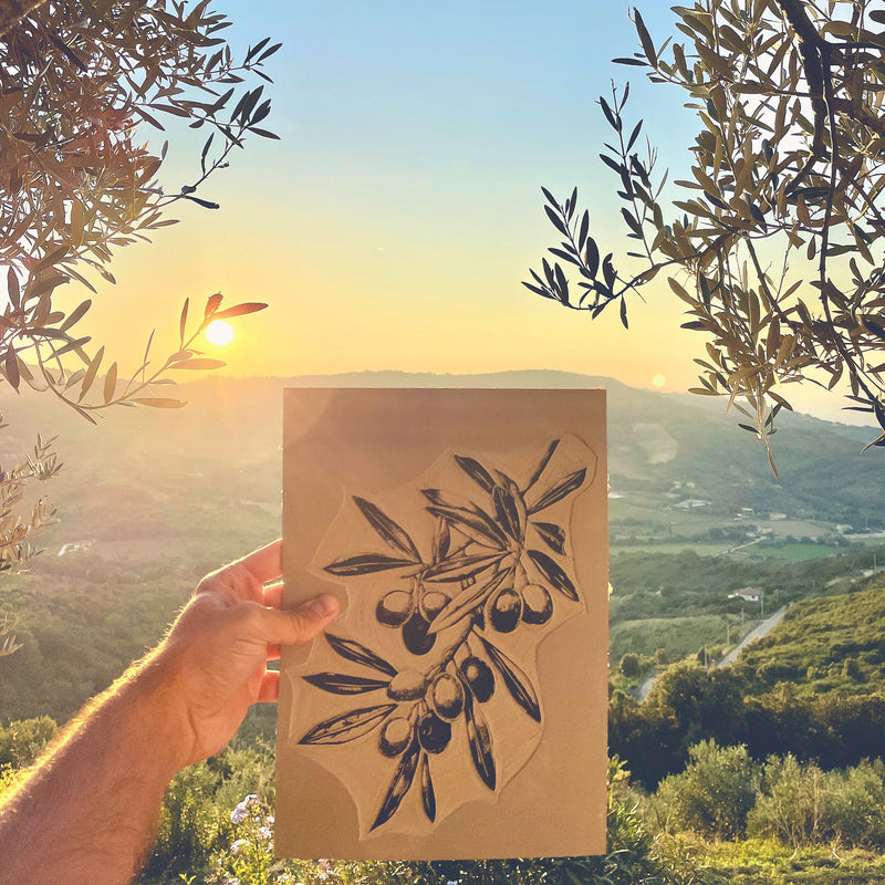 Olivenzweig Linoldruck | detailreicher Linolschnitt DIN A4 | mediterrane Wanddekoration | handgemachter Druck | besondere Geschenkidee