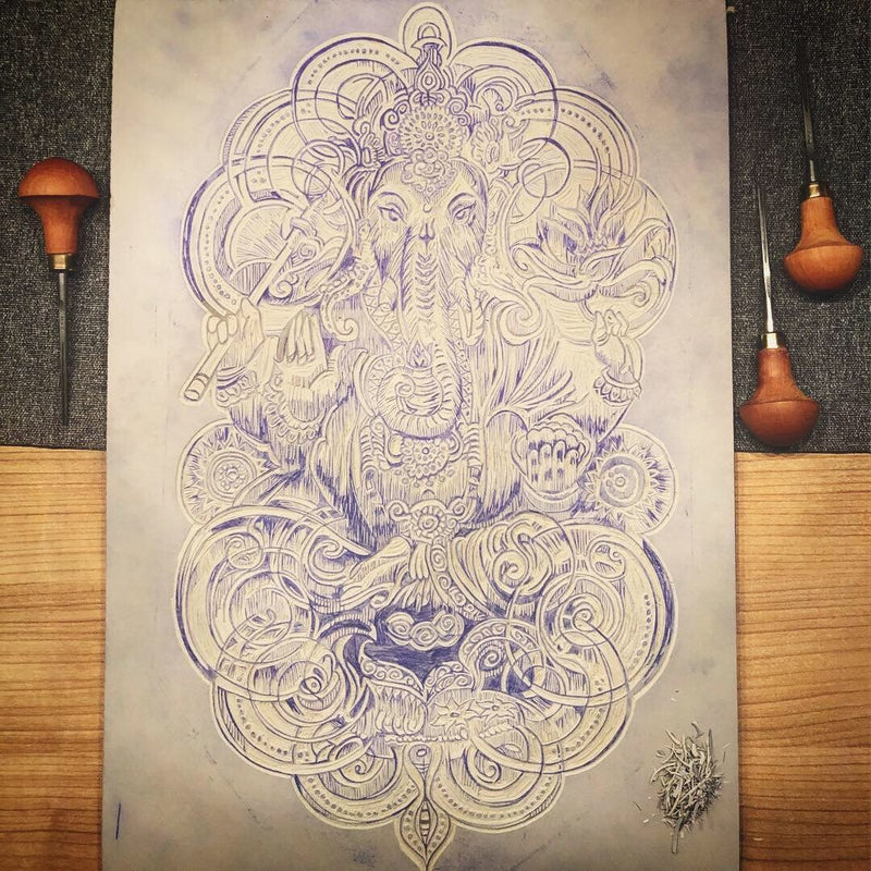 Ganesha Linoldruck | Indischer Elefantengott | Himalaya Papier blau | handgemachter Druck | weltweiter Versand | besondere Geschenkidee