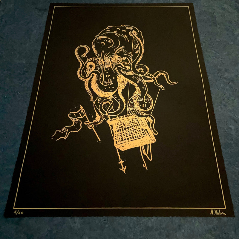 Octopus Balloon Linoldruck | handgemachter Druck 30,5 x 42,5 cm | Kraken Heißluftballon | besondere Geschenkidee | kostenloser Versand