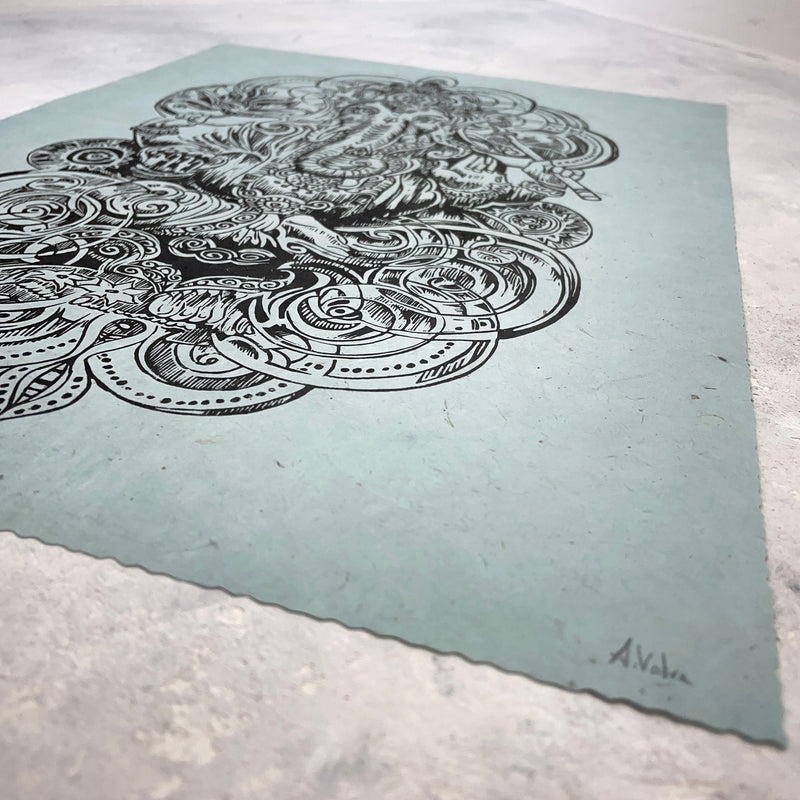 Ganesha Linoldruck | Indischer Elefantengott | Himalaya Papier blau | handgemachter Druck | weltweiter Versand | besondere Geschenkidee