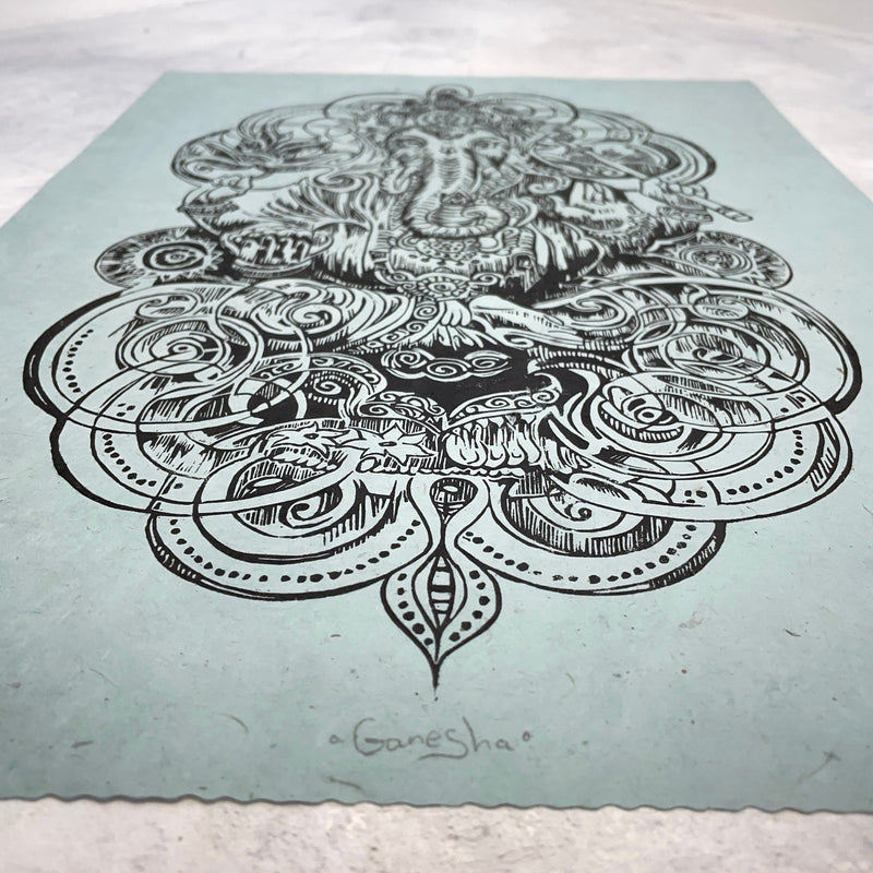 Ganesha Linoldruck | Indischer Elefantengott | Himalaya Papier blau | handgemachter Druck | weltweiter Versand | besondere Geschenkidee