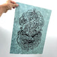 Ganesha Linoldruck | Indischer Elefantengott | Himalaya Papier blau | handgemachter Druck | weltweiter Versand | besondere Geschenkidee