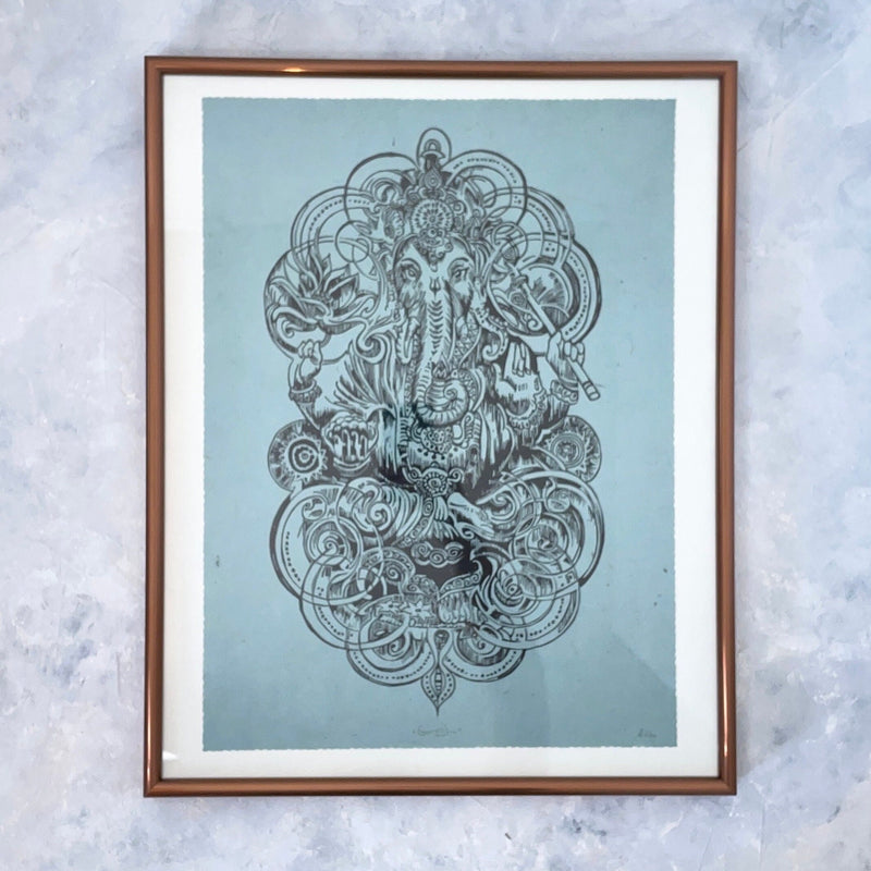 Ganesha Linoldruck | Indischer Elefantengott | Himalaya Papier blau | handgemachter Druck | weltweiter Versand | besondere Geschenkidee
