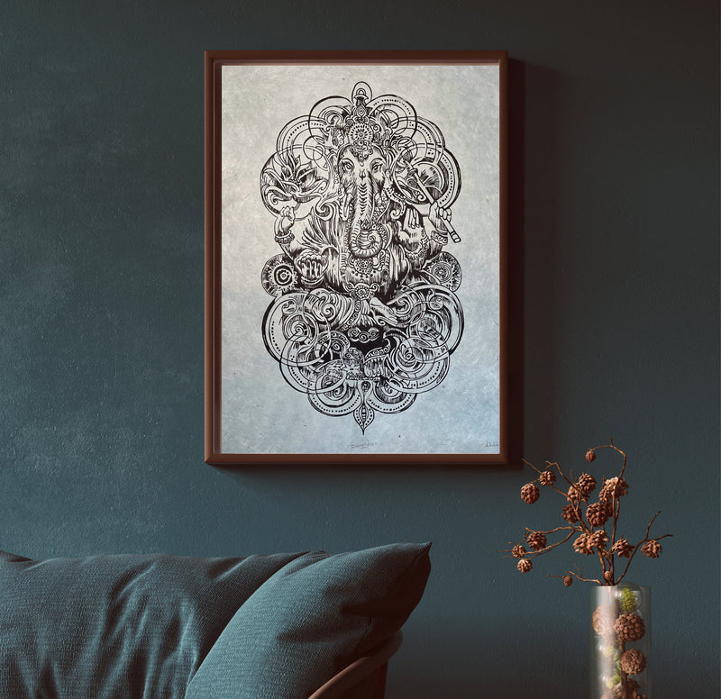 Ganesha Linoldruck | Indischer Elefantengott | Himalaya Papier blau | handgemachter Druck | weltweiter Versand | besondere Geschenkidee