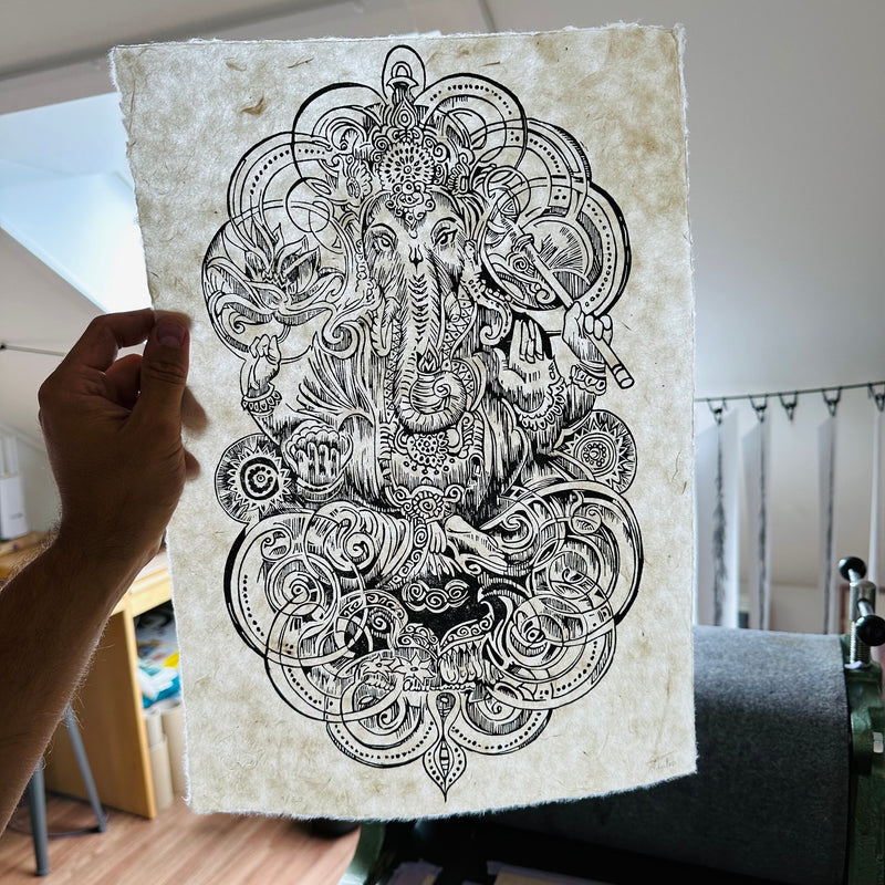 Ganesha Linoldruck | Indischer Elefantengott | besondere Geschenkidee | handgemachter Druck | weltweiter Versand | Himalaya Papier DIN A3