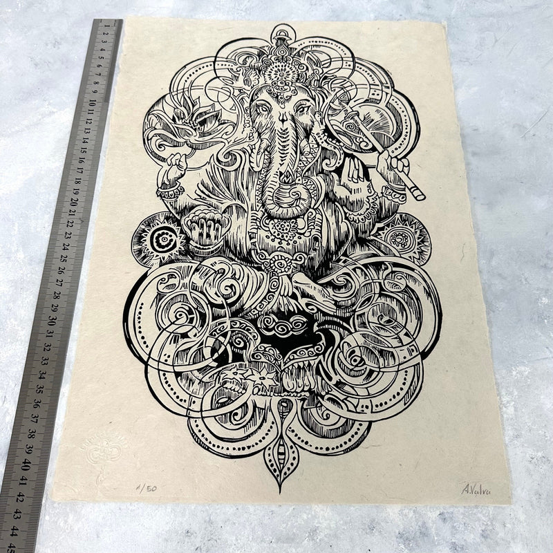 Ganesha Linoldruck | Indischer Elefantengott | besondere Geschenkidee | handgemachter Druck | weltweiter Versand | Himalaya Papier DIN A3