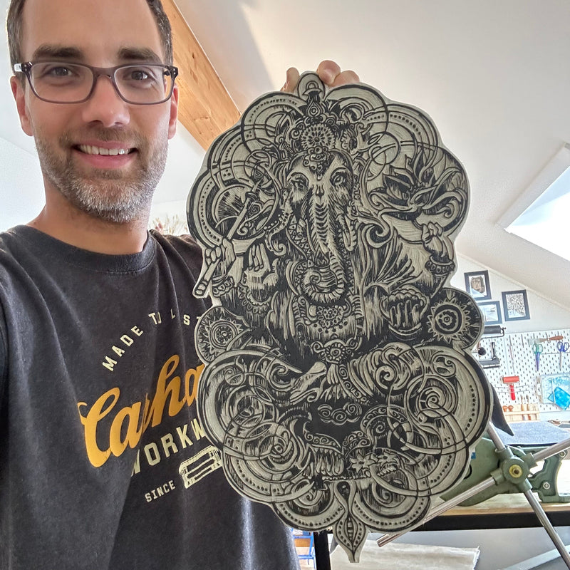 Ganesha Linoldruck | Indischer Elefantengott | besondere Geschenkidee | handgemachter Druck | weltweiter Versand | Himalaya Papier DIN A3