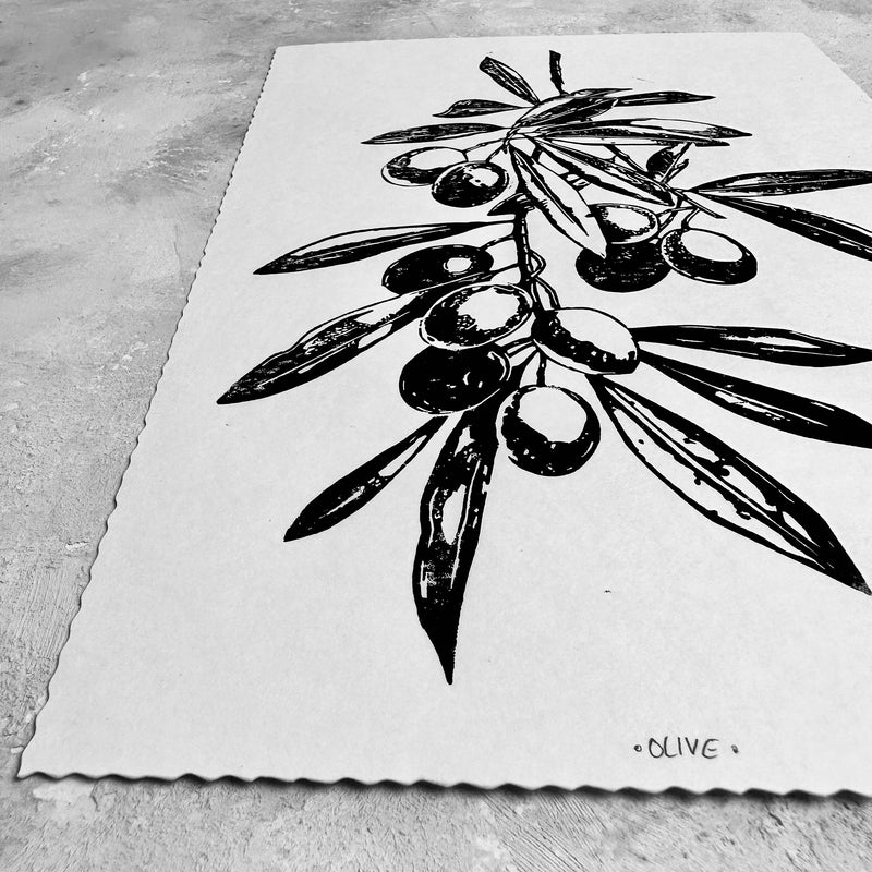 Olivenzweig Linoldruck | detailreicher Linolschnitt DIN A4 | mediterrane Wanddekoration | handgemachter Druck | Geschenkidee