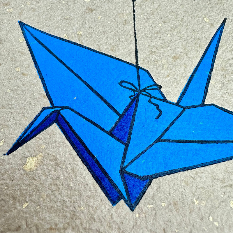 Origami-Kranich Linoldruck blau | detailreicher Linolschnitt 17 x 23 cm | handgeschöpftes Papier | japanischer Kranich | kleine Geschenkidee