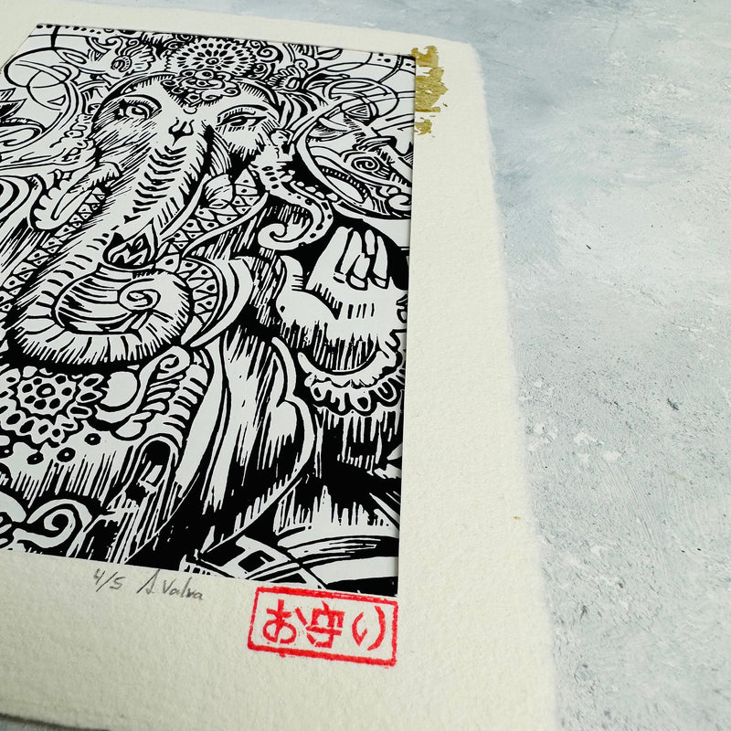 Ganesha Linoldruck | Indischer Elefantengott | besondere Geschenkidee | handgemachter Druck gold und schwarz | weltweit kostenloser Versand