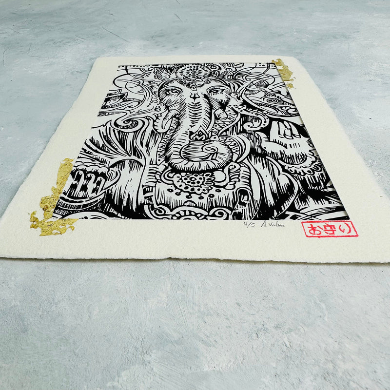Ganesha Linoldruck | Indischer Elefantengott | besondere Geschenkidee | handgemachter Druck gold und schwarz | weltweit kostenloser Versand