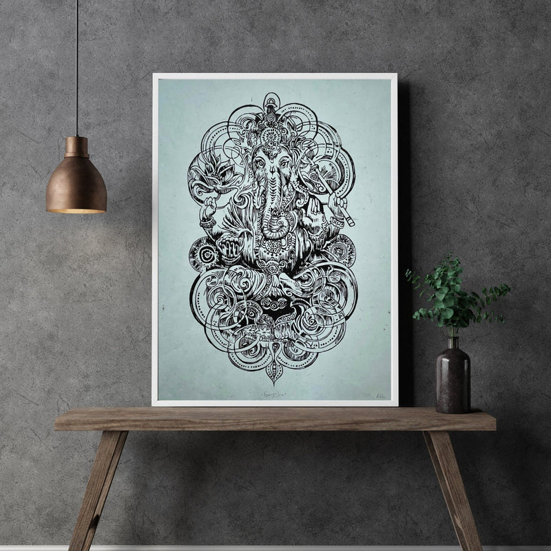 Ganesha Linoldruck | Indischer Elefantengott | Himalaya Papier blau | handgemachter Druck | weltweiter Versand | besondere Geschenkidee