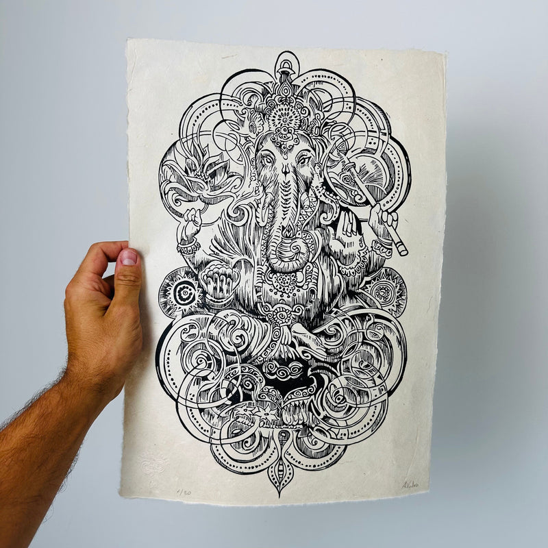 Ganesha Linoldruck | Indischer Elefantengott | besondere Geschenkidee | handgemachter Druck | weltweiter Versand | Himalaya Papier DIN A3