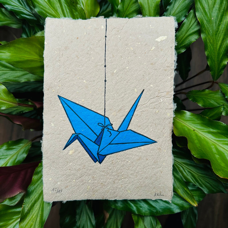 Origami-Kranich Linoldruck blau | detailreicher Linolschnitt 17 x 23 cm | handgeschöpftes Papier | japanischer Kranich | kleine Geschenkidee