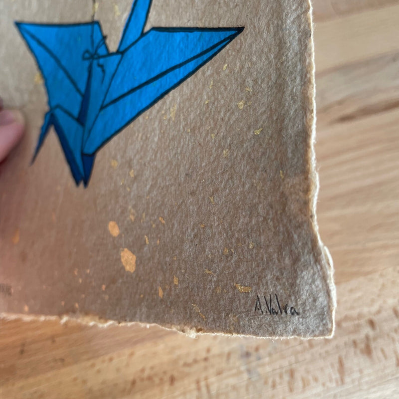 Origami-Kranich Linoldruck blau | detailreicher Linolschnitt 17 x 23 cm | handgeschöpftes Papier | japanischer Kranich | kleine Geschenkidee