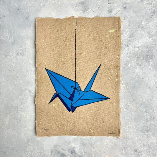 Origami-Kranich Linoldruck blau | detailreicher Linolschnitt 17 x 23 cm | handgeschöpftes Papier | japanischer Kranich | kleine Geschenkidee