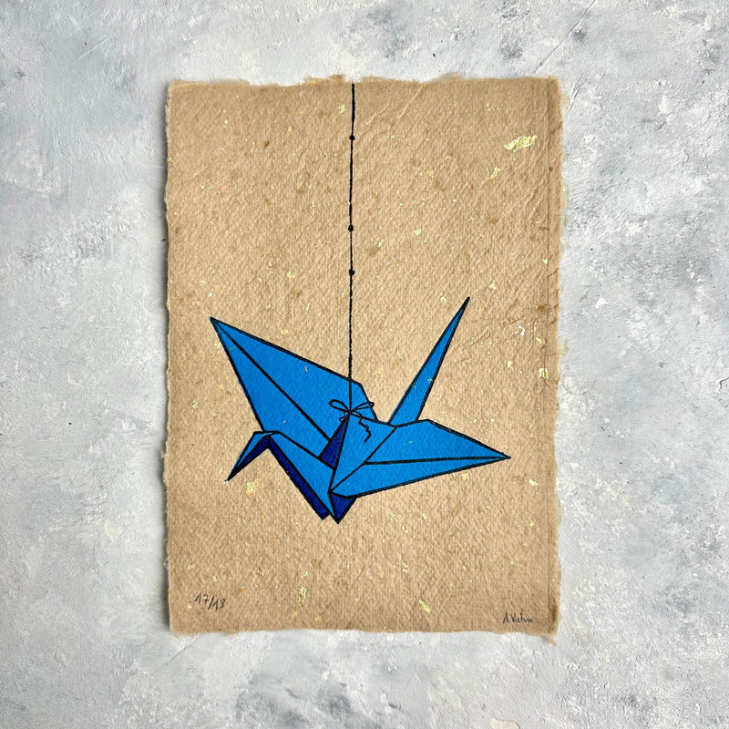 Origami-Kranich Linoldruck blau | detailreicher Linolschnitt 17 x 23 cm | handgeschöpftes Papier | japanischer Kranich | kleine Geschenkidee
