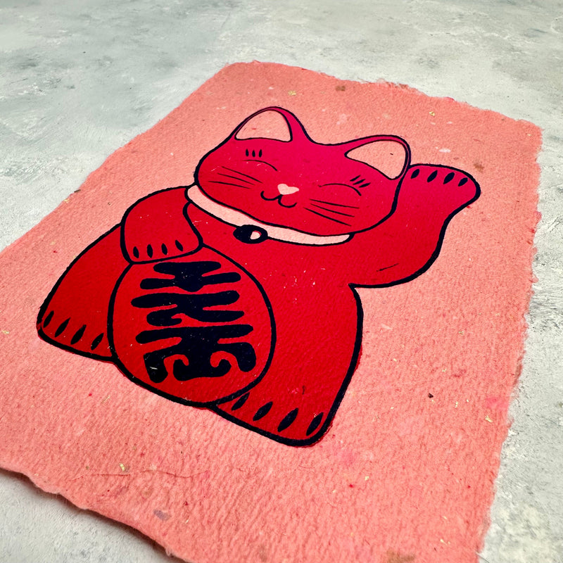 Winkekatze Linoldruck | Maneki-Neko Japan Glücksbringer | handgemachter Druck 15x21 cm | kleine Geschenkidee | weltweit kostenloser Versand