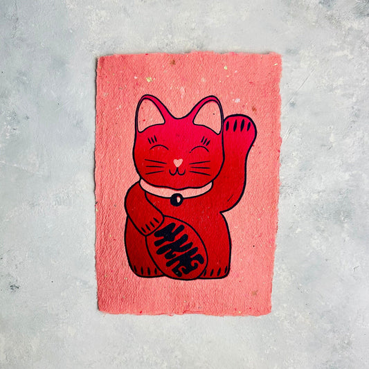 Winkekatze Linoldruck