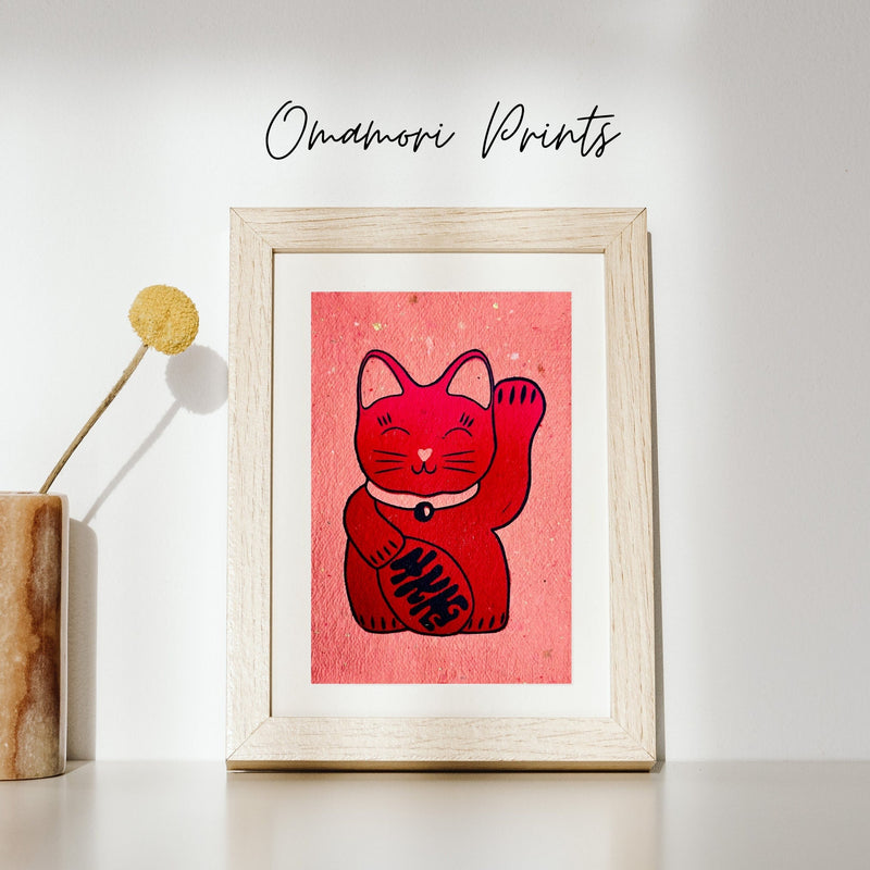 Winkekatze Linoldruck | Maneki-Neko Japan Glücksbringer | handgemachter Druck 15x21 cm | kleine Geschenkidee | weltweit kostenloser Versand