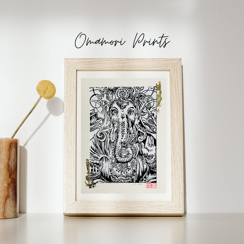 Ganesha Linoldruck | Indischer Elefantengott | besondere Geschenkidee | handgemachter Druck gold und schwarz | weltweit kostenloser Versand
