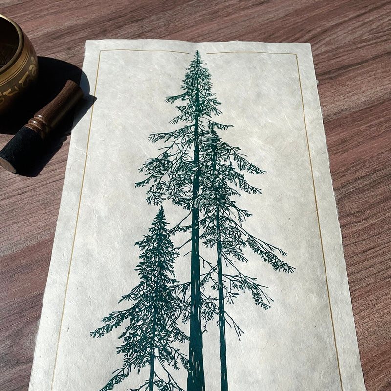 Douglasie Linoldruck in grün | handgemachter Druck | besondere Geschenkidee | geschöpftes Himalaya-Papier | Natur Wald | kostenloser Versand