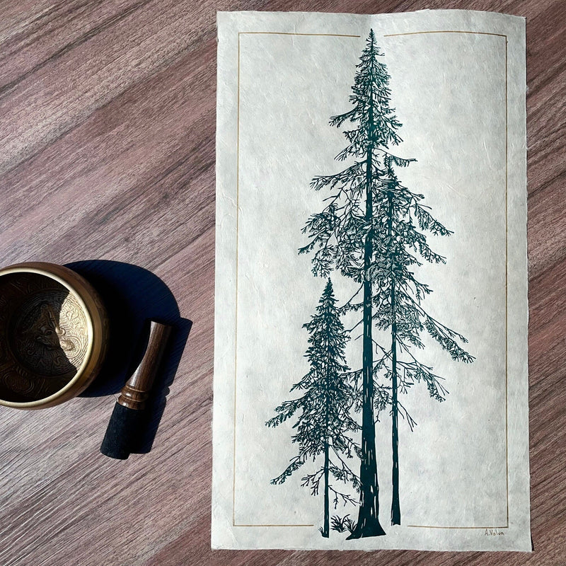 Douglasie Linoldruck in grün | handgemachter Druck | besondere Geschenkidee | geschöpftes Himalaya-Papier | Natur Wald | kostenloser Versand