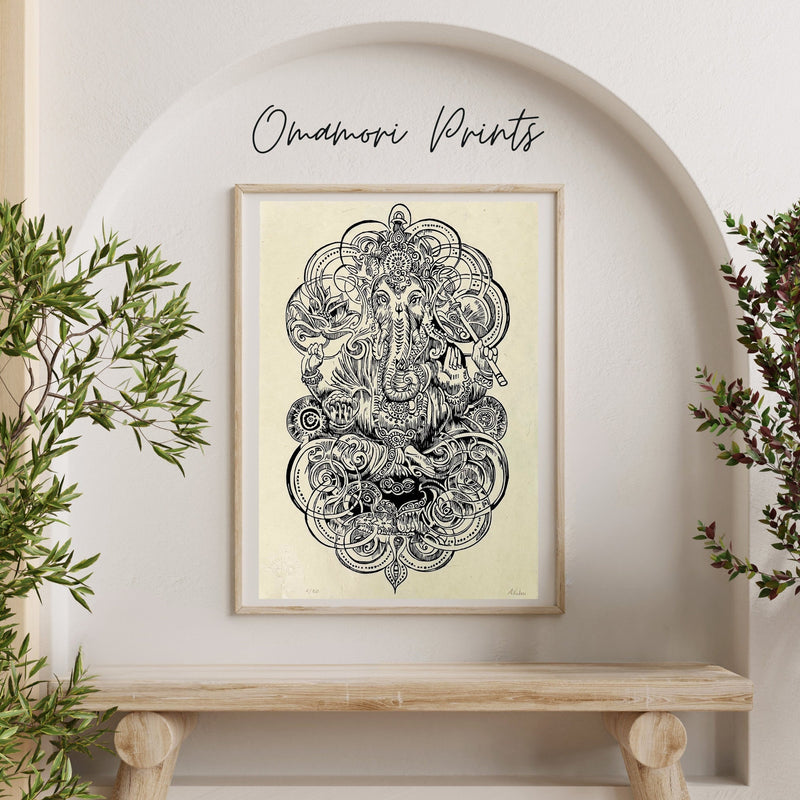 Ganesha Linoldruck | Indischer Elefantengott | besondere Geschenkidee | handgemachter Druck | weltweiter Versand | Himalaya Papier DIN A3