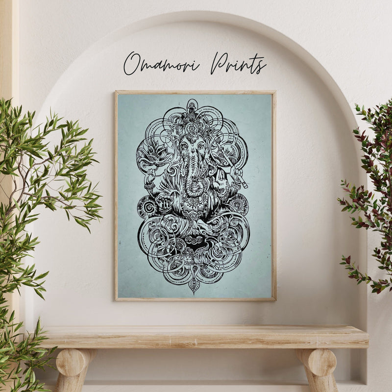 Ganesha Linoldruck | Indischer Elefantengott | Himalaya Papier blau | handgemachter Druck | weltweiter Versand | besondere Geschenkidee