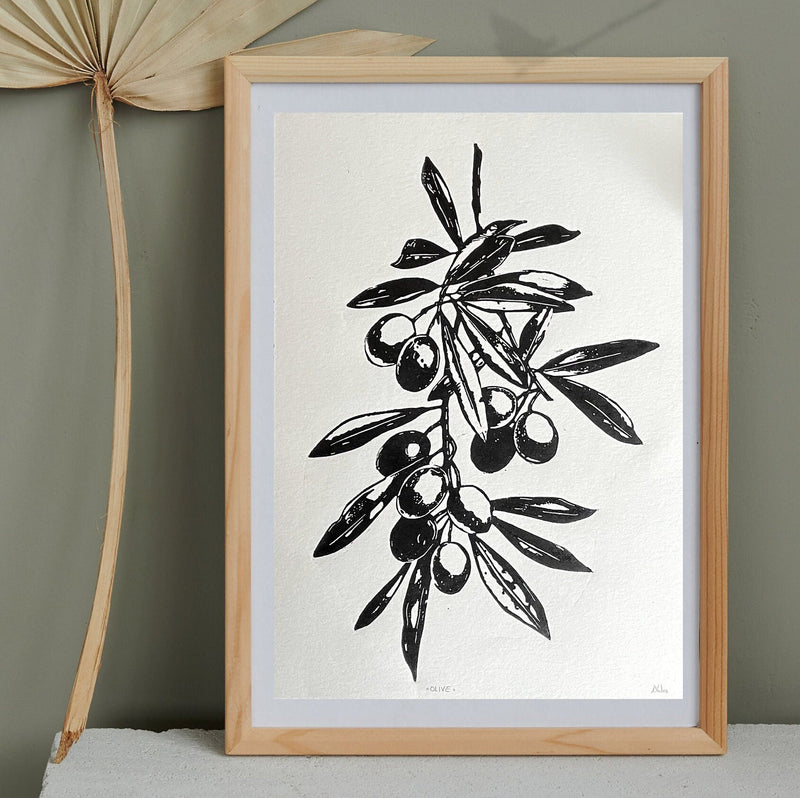Olivenzweig Linoldruck | detailreicher Linolschnitt DIN A4 | mediterrane Wanddekoration | handgemachter Druck | Geschenkidee