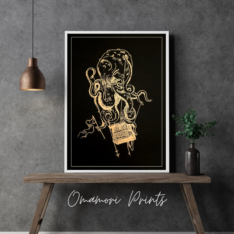 Octopus Balloon Linoldruck | handgemachter Druck 30,5 x 42,5 cm | Kraken Heißluftballon | besondere Geschenkidee | kostenloser Versand