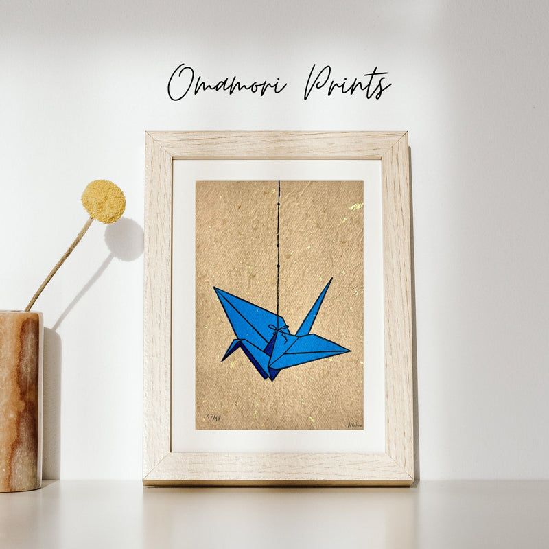 Origami-Kranich Linoldruck blau | detailreicher Linolschnitt 17 x 23 cm | handgeschöpftes Papier | japanischer Kranich | kleine Geschenkidee