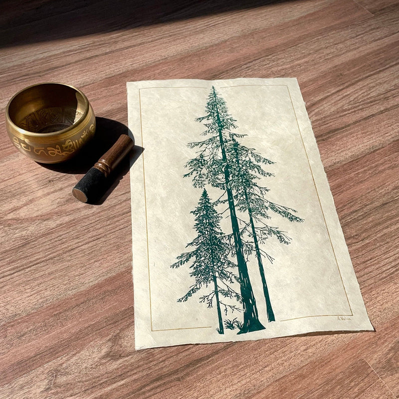 Douglasie Linoldruck in grün | handgemachter Druck | besondere Geschenkidee | geschöpftes Himalaya-Papier | Natur Wald | kostenloser Versand