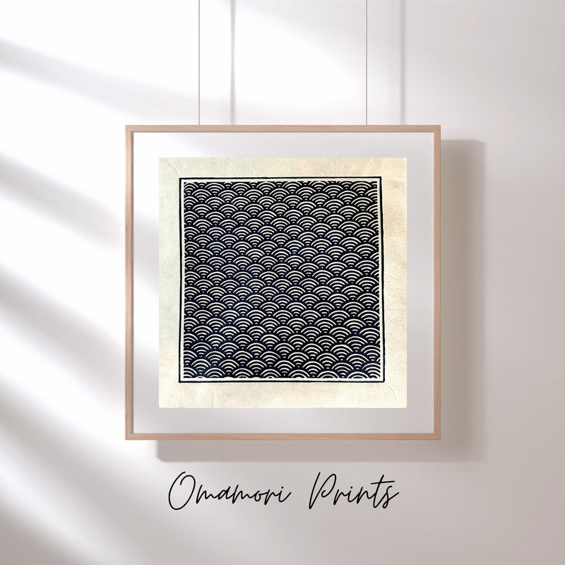 Seigaiha Linoldruck | japanisches Wellenmuster blau 21x21 cm | detailreicher Druck Meereswellen | besondere Geschenkidee | Himalaya-Papier