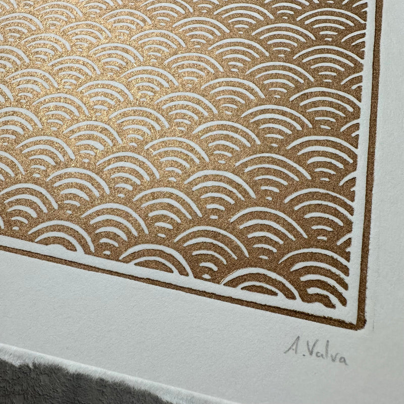 Seigaiha Linoldruck | japanisches Wellenmuster 21x21 cm | detailreicher Druck Meereswellen | besondere Geschenkidee | kostenloser Versand