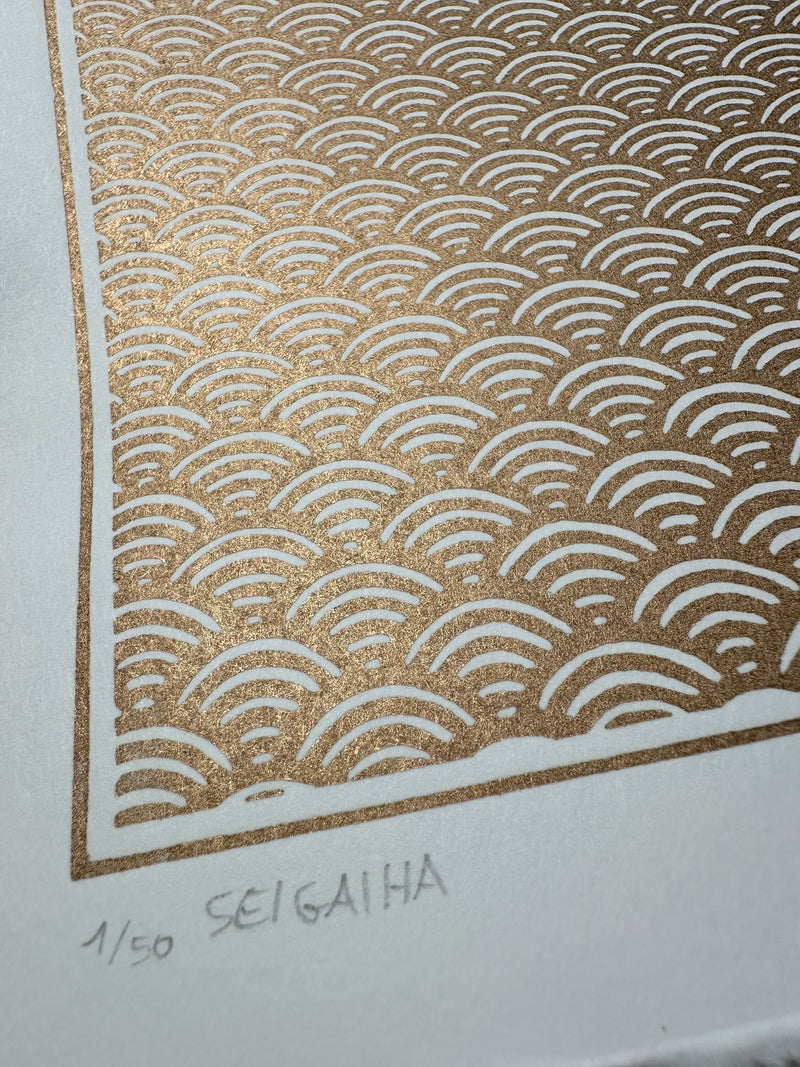 Seigaiha Linoldruck | japanisches Wellenmuster 21x21 cm | detailreicher Druck Meereswellen | besondere Geschenkidee | kostenloser Versand