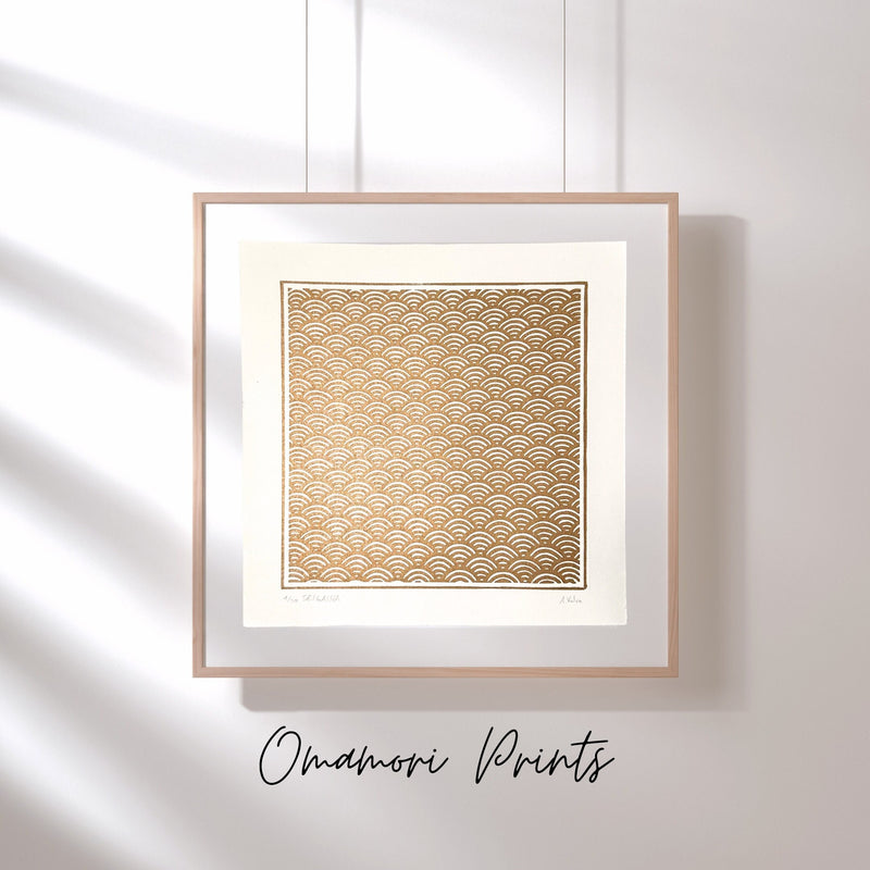 Seigaiha Linoldruck | japanisches Wellenmuster 21x21 cm | detailreicher Druck Meereswellen | besondere Geschenkidee | kostenloser Versand