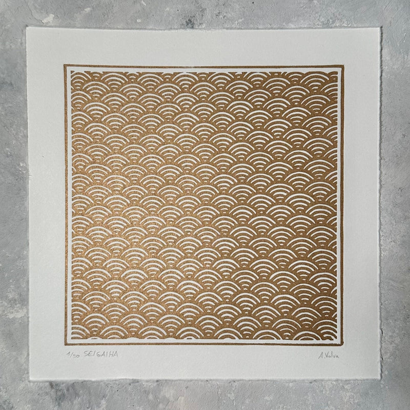 Seigaiha Linoldruck | japanisches Wellenmuster 21x21 cm | detailreicher Druck Meereswellen | besondere Geschenkidee | kostenloser Versand