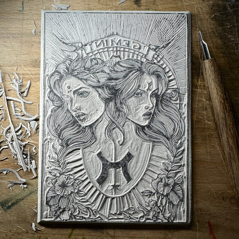 Sternzeichen Zwillinge Linoldruck