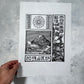Japanische Briefmarke Fuji Linoldruck | handgemachter Druck | Vintage Linolschnitt | Japan Kanji Schriftzeichen | Wanddeko Geschenkidee