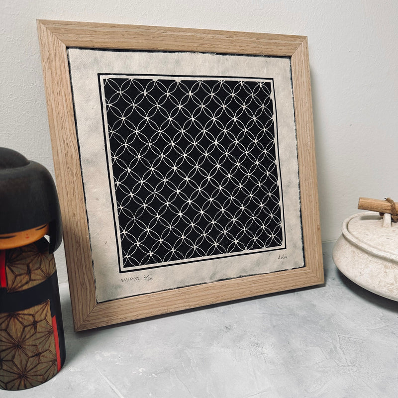 Shippo Linoldruck | japanisches Muster 21x21 cm | handgemachter Druck auf Himalaya Papier | besondere Geschenkidee | kostenloser Versand