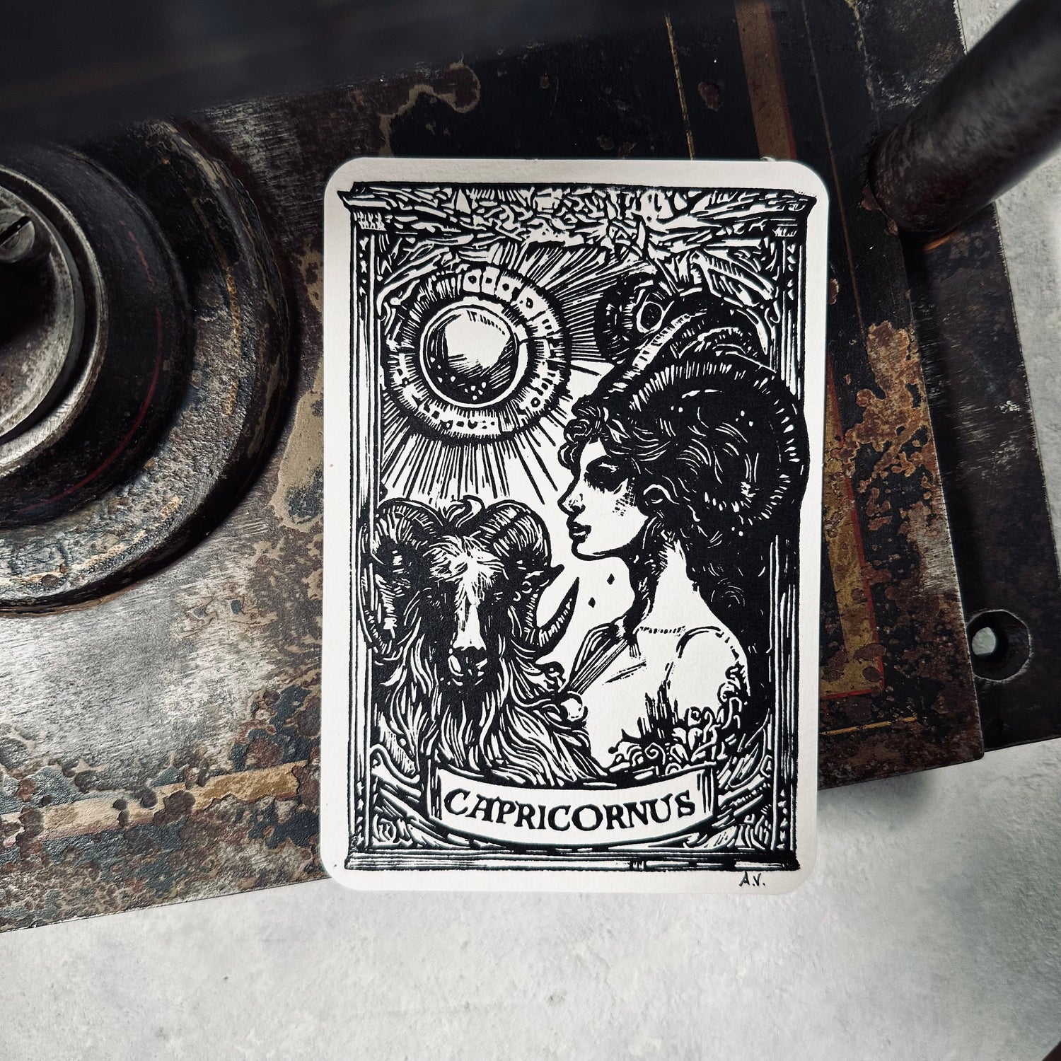 Sternzeichen Steinbock Linoldruck