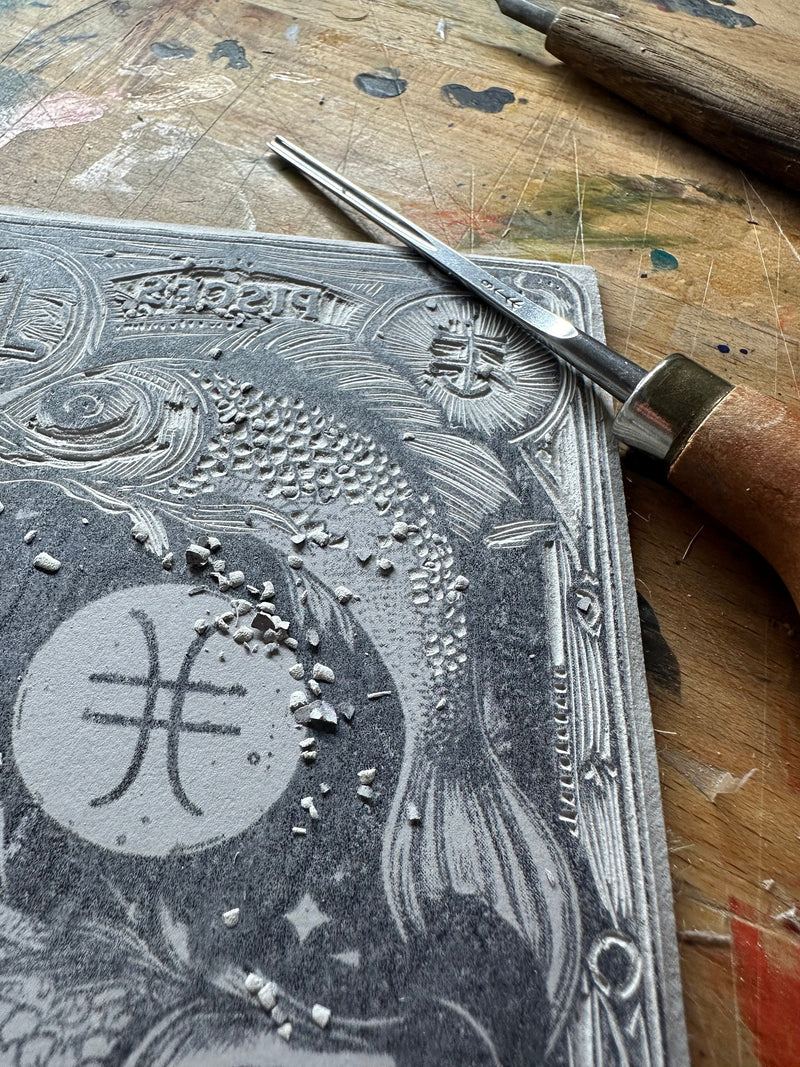 Sternzeichen Fische Linoldruck