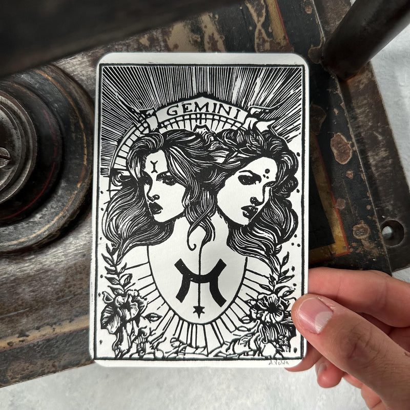Sternzeichen Zwillinge Linoldruck