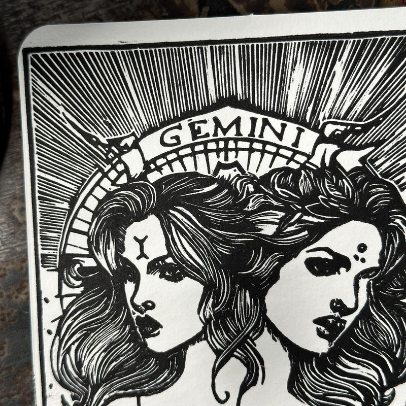 Sternzeichen Zwillinge Linoldruck