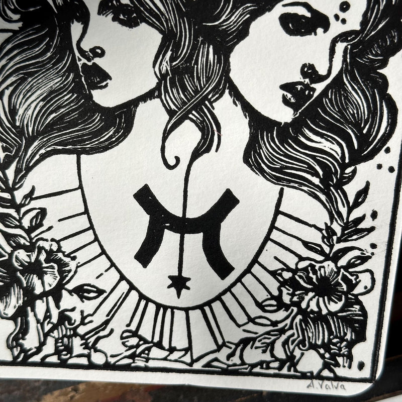 Sternzeichen Zwillinge Linoldruck