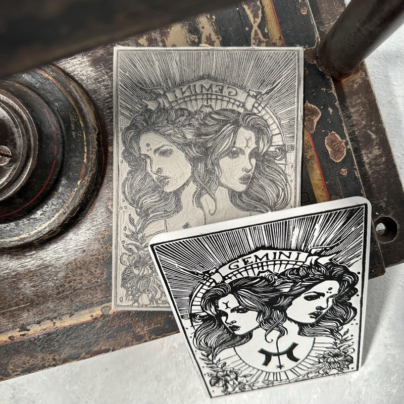 Sternzeichen Zwillinge Linoldruck